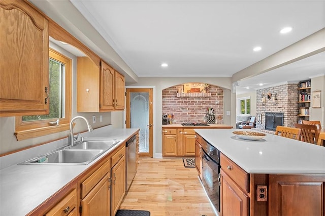 kitchen with stainless steel appliances, a sink, light countertops, light wood-style flooring, and a fireplace