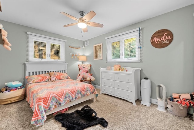 bedroom with carpet floors and ceiling fan