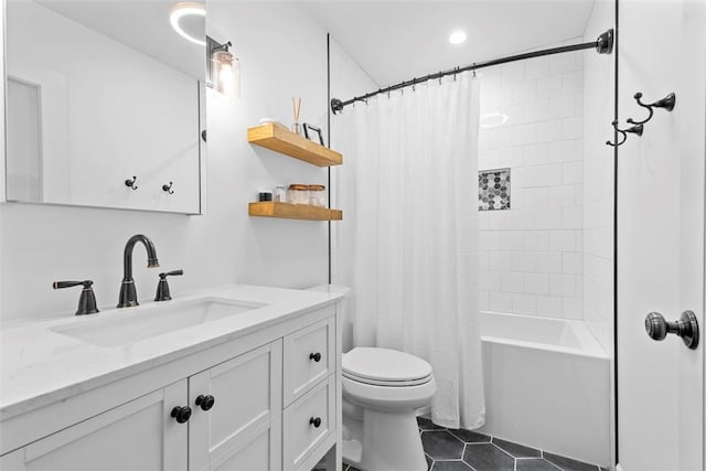 bathroom with tile patterned flooring, toilet, vanity, shower / bath combination with curtain, and recessed lighting