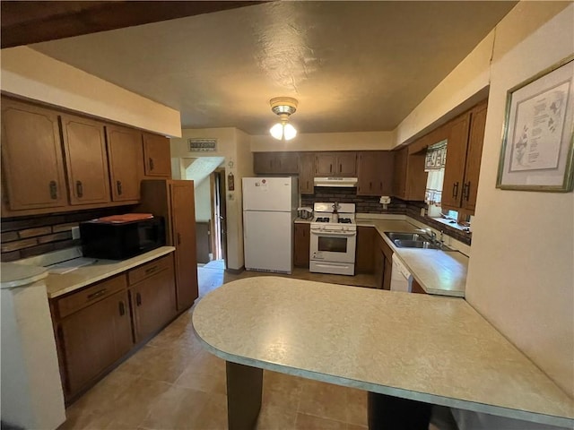 kitchen featuring white appliances, under cabinet range hood, a sink, backsplash, and a peninsula