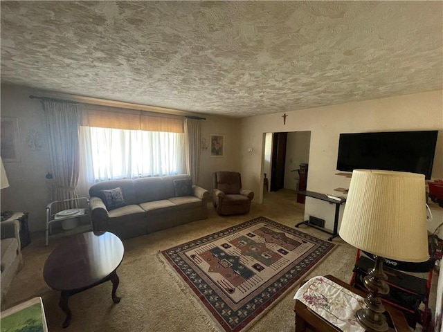 living room featuring a textured ceiling and carpet flooring