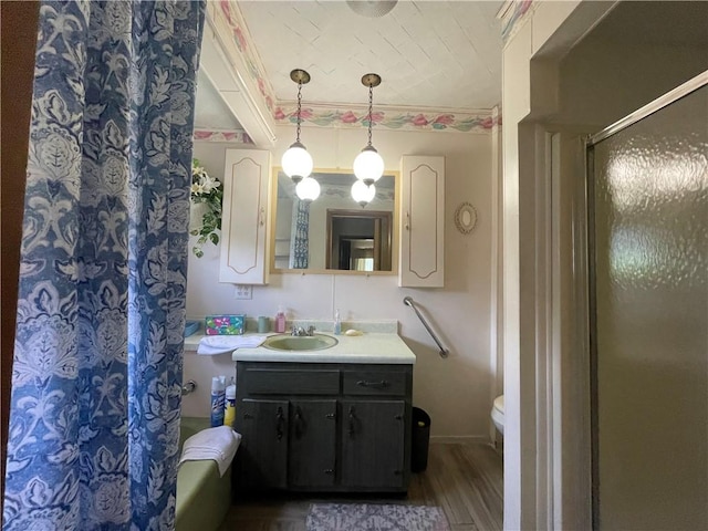 bathroom with a shower with curtain, wood finished floors, vanity, and toilet
