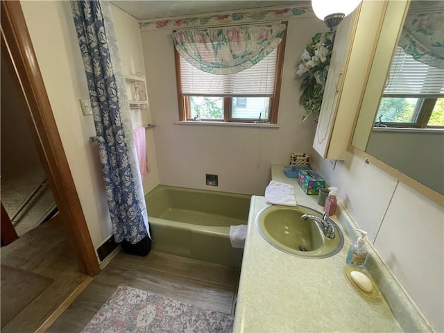 full bathroom featuring healthy amount of natural light, wood finished floors, and vanity