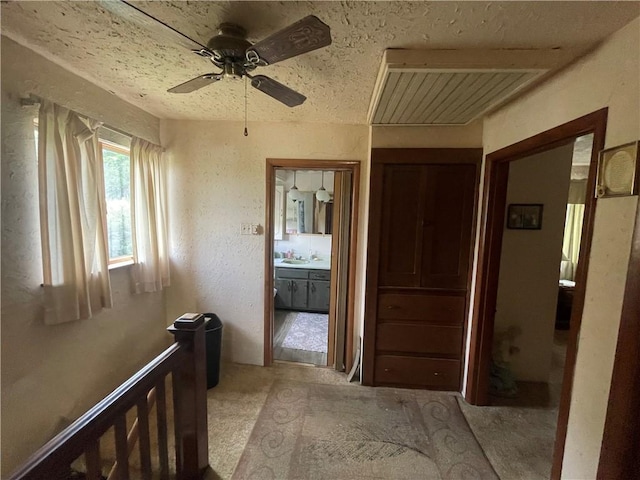 corridor featuring a sink, carpet, and a textured ceiling