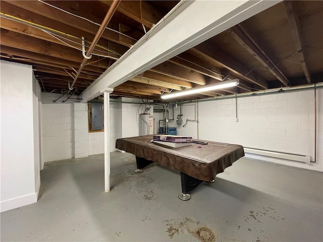 855 W Sanner St, Somerset Boro, PA 15501 - below grade area featuring water heater, electric panel, a baseboard radiator, billiards, and concrete block wall