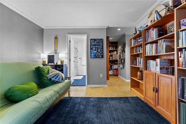 living area featuring ornamental molding, recessed lighting, light tile patterned flooring, and baseboards