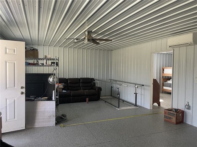 171 N Maysville, West Salem Twp, PA 16125 - living room with a wall mounted air conditioner, ceiling fan, and speckled floor