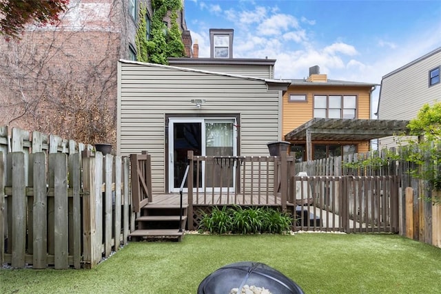 607 Tripoli St, Central North Side, PA 15212 - back of property with a wooden deck, an outdoor fire pit, a chimney, and a pergola