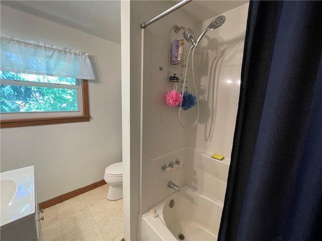 full bath featuring toilet, baseboards, shower / bath combination with curtain, vanity, and tile patterned flooring