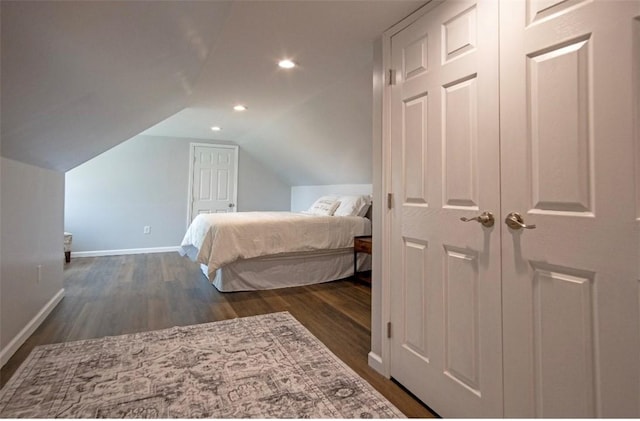 1435 Orchard St, New Sewickley Twp, PA 15042 - bedroom featuring dark wood-style floors, baseboards, vaulted ceiling, and recessed lighting