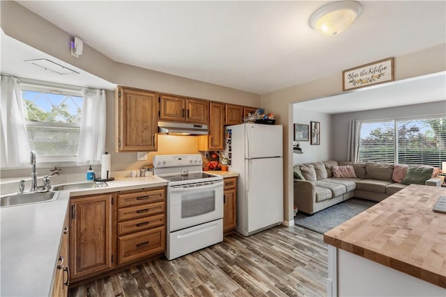 kitchen featuring white appliances, under cabinet range hood, a sink, open floor plan, and wood finished floors