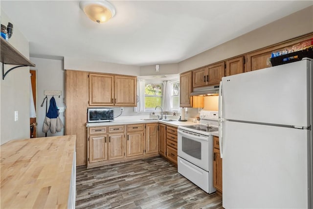 kitchen featuring white appliances, under cabinet range hood, a sink, wood finished floors, and butcher block countertops