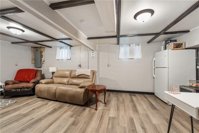 living area featuring electric panel and light wood-style floors
