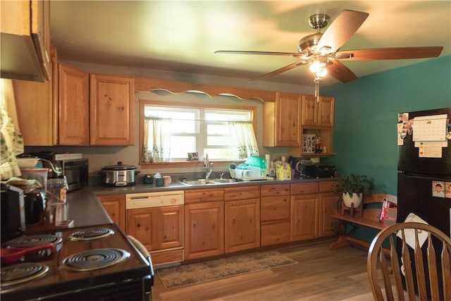 1207 Luciusboro Rd, Blairsville Area, PA 15717 - kitchen featuring freestanding refrigerator, electric range oven, ceiling fan, a sink, and light wood-type flooring