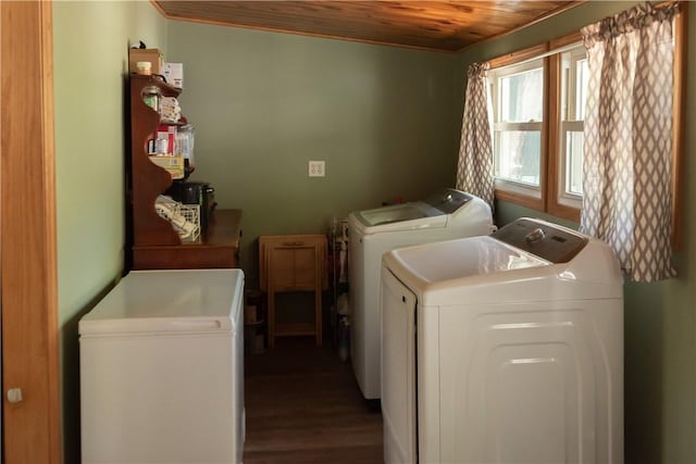 1207 Luciusboro Rd, Blairsville Area, PA 15717 - laundry area with washer and clothes dryer, wood ceiling, ornamental molding, and wood finished floors