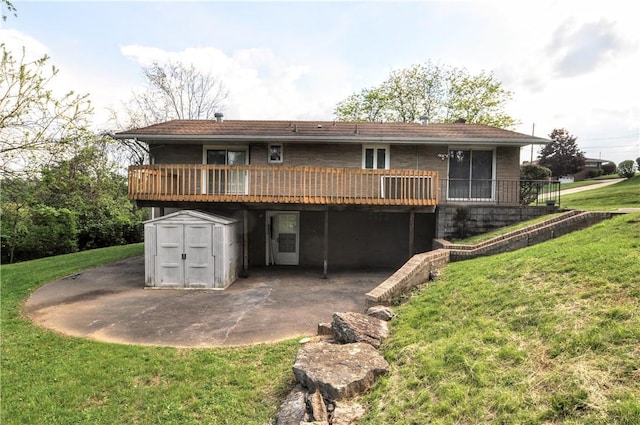 rear view of property with a storage unit, a lawn, a deck, and an outdoor structure