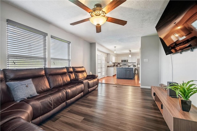 living area with a ceiling fan, wood finished floors, and a textured ceiling