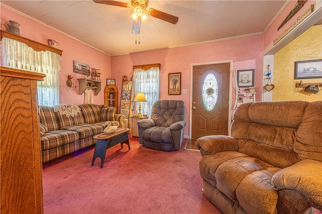 135 Oak Forest Rd, New Freeport, PA 15316 - carpeted living room featuring crown molding and ceiling fan
