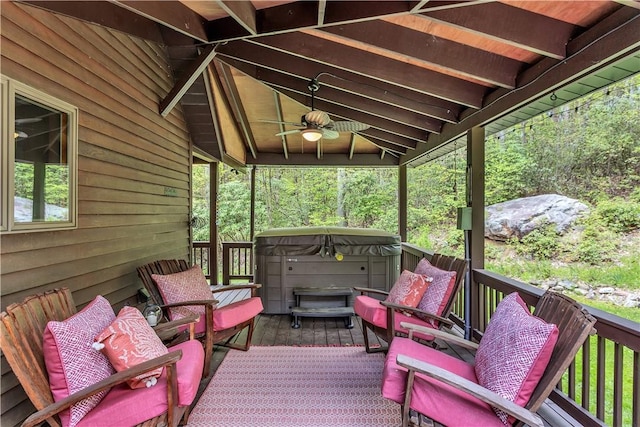 2847 National Pike, Wharton Twp, PA 15421 - wooden terrace featuring a hot tub and ceiling fan