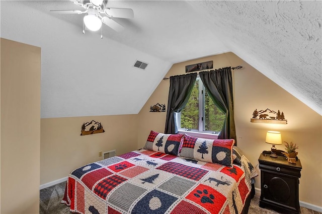 2847 National Pike, Wharton Twp, PA 15421 - bedroom featuring ceiling fan, carpet floors, vaulted ceiling, baseboards, and a textured ceiling