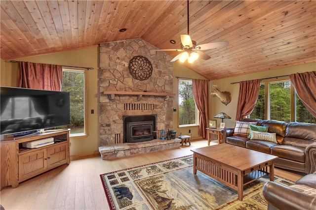 2847 National Pike, Wharton Twp, PA 15421 - living room featuring vaulted ceiling, healthy amount of natural light, a ceiling fan, wood finished floors, and wood ceiling