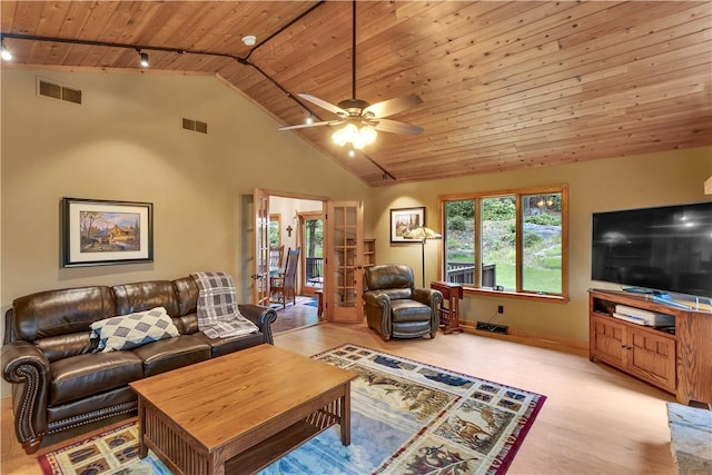 2847 National Pike, Wharton Twp, PA 15421 - living area featuring wood ceiling, vaulted ceiling, track lighting, light wood-style floors, and a ceiling fan