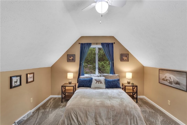 2847 National Pike, Wharton Twp, PA 15421 - bedroom featuring a textured ceiling, carpet, lofted ceiling, baseboards, and ceiling fan