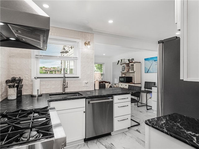 707 Atlantic Ave, Monaca, PA 15061 - kitchen with exhaust hood, stainless steel appliances, a sink, white cabinets, and dark stone countertops