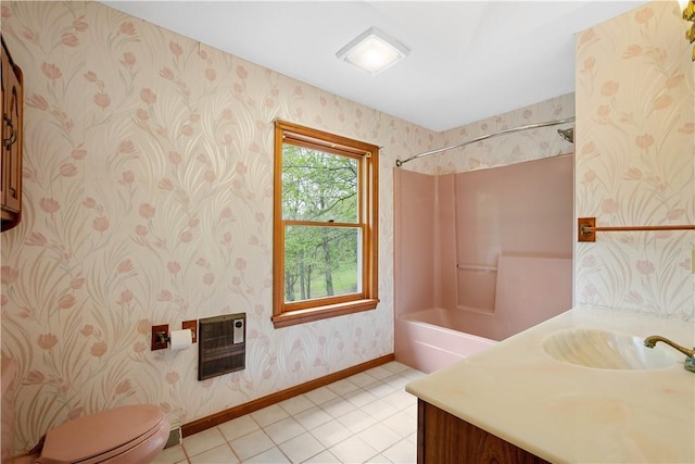 297 Alamae Lakes Rd, South Franklin, PA 15301 - bathroom featuring heating unit, wallpapered walls, tile patterned flooring, toilet, and vanity