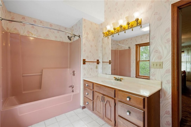 297 Alamae Lakes Rd, South Franklin, PA 15301 - full bath featuring wallpapered walls, shower / bath combination, tile patterned floors, and vanity