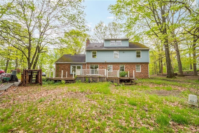 297 Alamae Lakes Rd, South Franklin, PA 15301 - rear view of property featuring brick siding, a deck, and a chimney