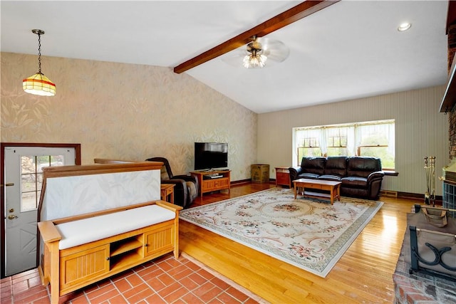 297 Alamae Lakes Rd, South Franklin, PA 15301 - living area with wallpapered walls, a ceiling fan, wood finished floors, and baseboards