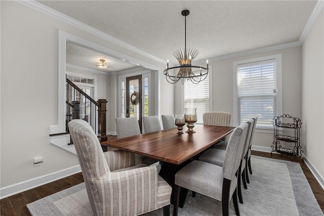 521 Cambridge Ct, Pine Twp Nal, PA 15090 - dining area featuring a chandelier, baseboards, ornamental molding, dark wood-style flooring, and stairs