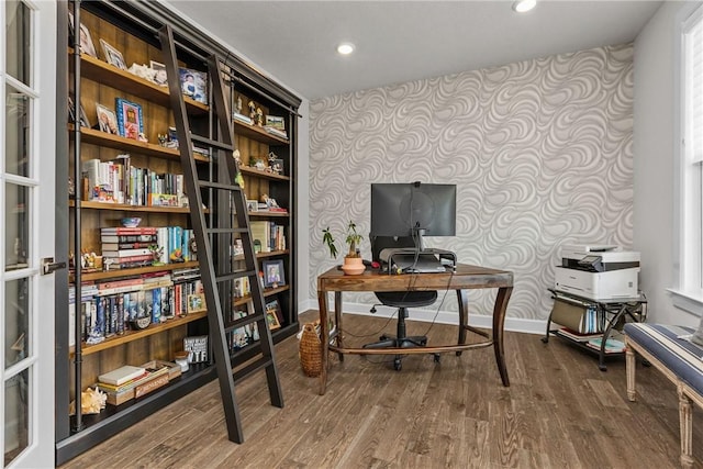 521 Cambridge Ct, Pine Twp Nal, PA 15090 - office with wallpapered walls, an accent wall, baseboards, wood finished floors, and recessed lighting