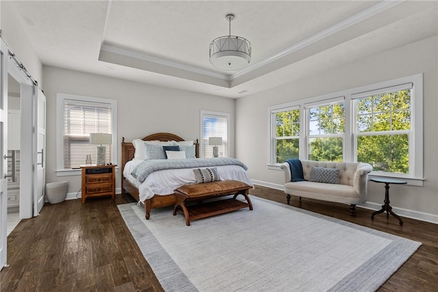 521 Cambridge Ct, Pine Twp Nal, PA 15090 - bedroom featuring crown molding, a raised ceiling, dark wood finished floors, baseboards, and a barn door