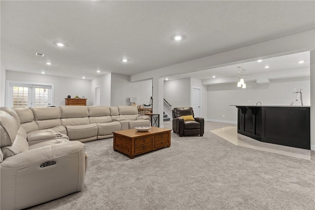 521 Cambridge Ct, Pine Twp Nal, PA 15090 - living room with recessed lighting, light carpet, wet bar, baseboards, and stairs