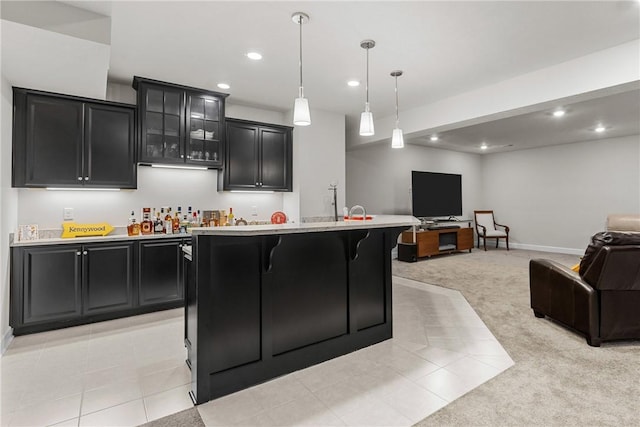521 Cambridge Ct, Pine Twp Nal, PA 15090 - kitchen with open floor plan, dark cabinetry, light countertops, light colored carpet, and recessed lighting