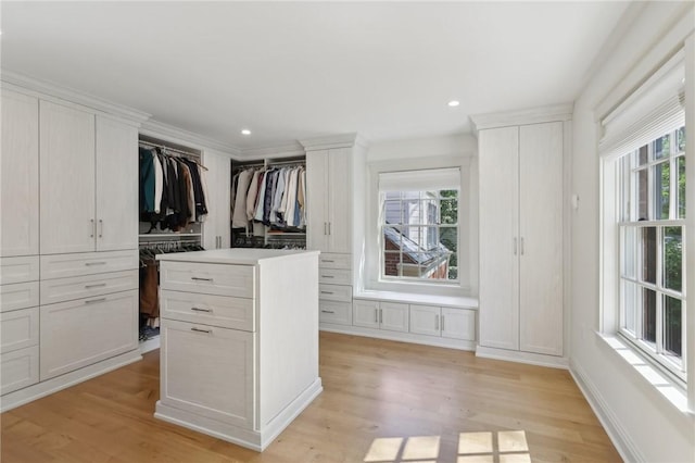 walk in closet with light wood finished floors