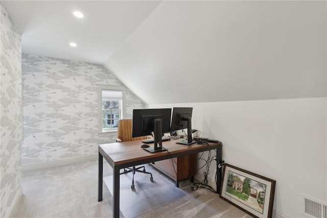 office area with vaulted ceiling, carpet, recessed lighting, and baseboards