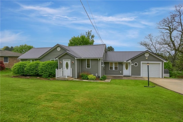 ranch-style house with concrete driveway, an attached garage, and a front yard