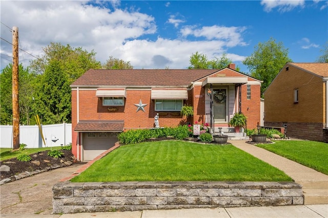 view of front facade featuring a garage, brick siding, driveway, and a chimney