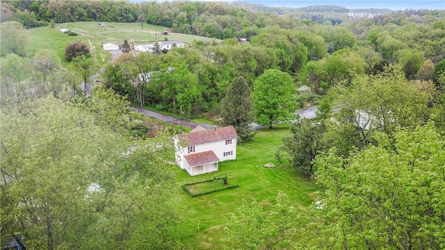 view of subject property with a forest