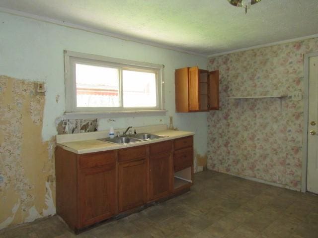 428 Grindstone Rd, Jefferson Twp Fay, PA 15442 - kitchen with a sink, brown cabinets, ornamental molding, tile patterned floors, and light countertops