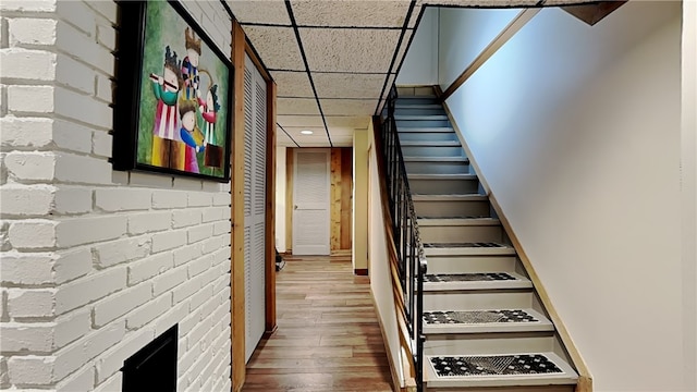 stairway featuring wood finished floors and a paneled ceiling
