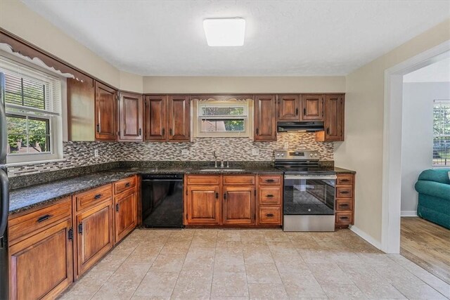 417 Orchard Dr, Mt Lebanon, PA 15228 - kitchen with electric stove, dishwasher, a sink, decorative backsplash, and under cabinet range hood
