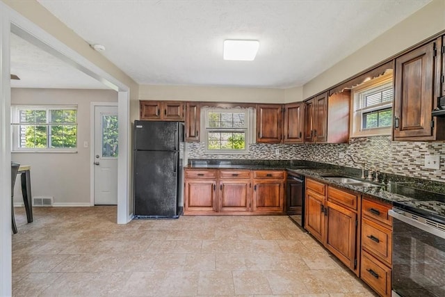417 Orchard Dr, Mt Lebanon, PA 15228 - kitchen featuring black appliances, backsplash, plenty of natural light, and a sink