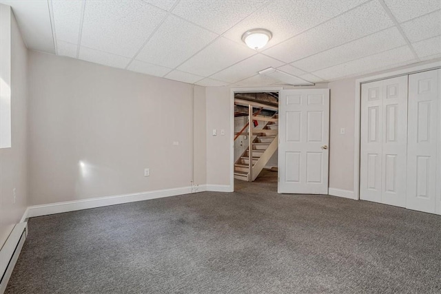 417 Orchard Dr, Mt Lebanon, PA 15228 - unfurnished bedroom featuring a baseboard heating unit, a paneled ceiling, carpet floors, and baseboards