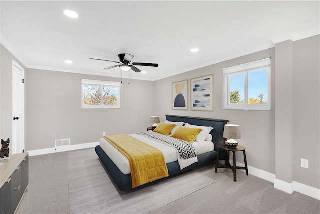 bedroom featuring baseboards, carpet flooring, recessed lighting, crown molding, and a ceiling fan