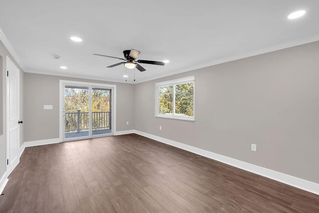 empty room featuring baseboards, crown molding, ceiling fan, recessed lighting, and dark wood-style floors
