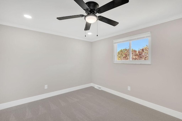 unfurnished room featuring crown molding, baseboards, recessed lighting, carpet floors, and a ceiling fan